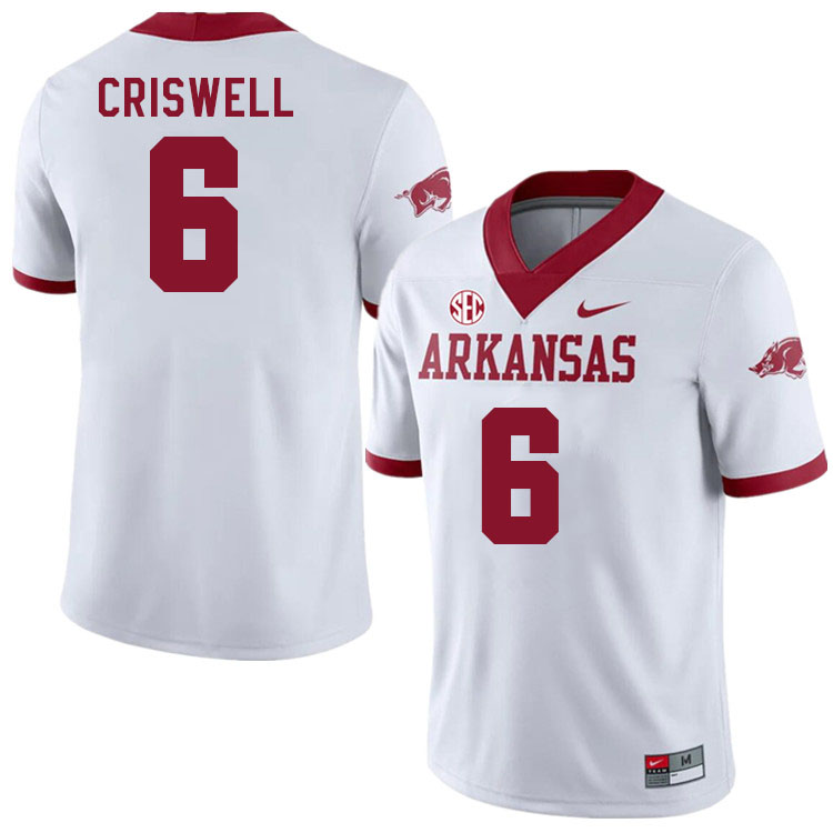 Men #6 Jacolby Criswell Arkansas Razorback College Football Jerseys Stitched Sale-Alternate White